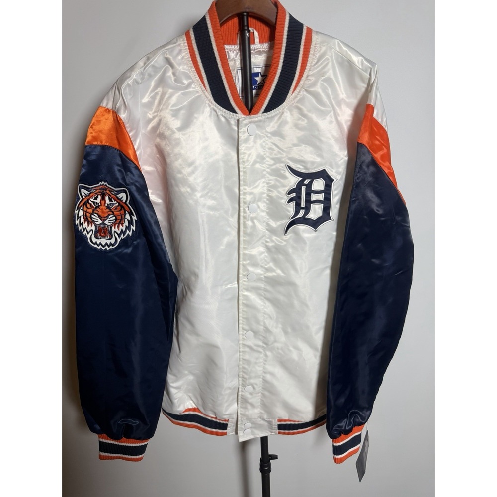 Detroit Tigers Starter Force Play Varsity Satin Silk Jacket White Mens Sz 3XL